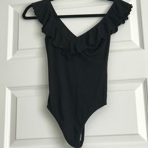 Wilfred black bodysuit with ruffle detail